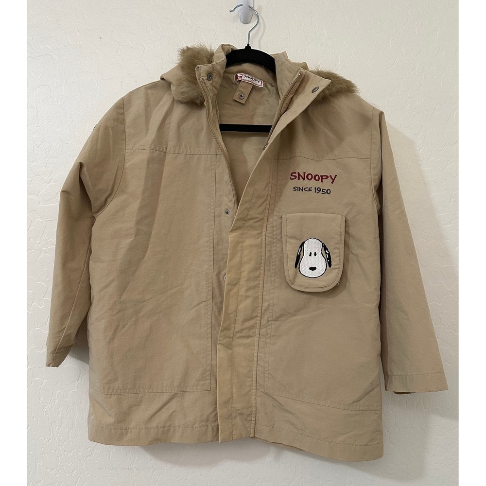 Snoopy Peanuts Kids Khaki Utility Jacket Faux Fur Hood Tan Youth Large 140